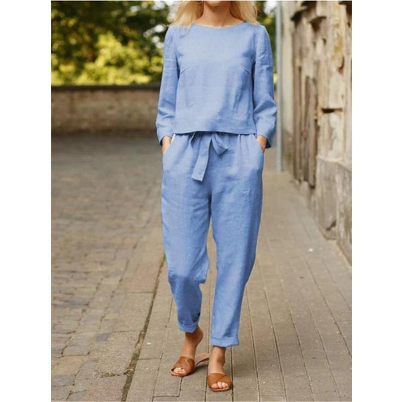 Women 2 Piece Linen Outfit Boat Neck 3/4 Sleeve Crop Top Drawstring Jogger Pants Casual Set