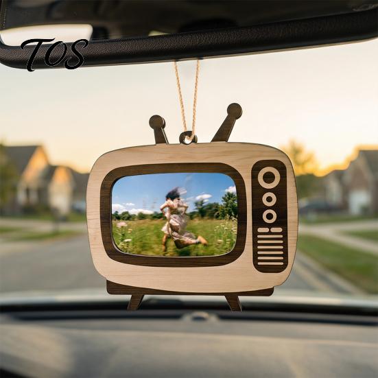 Car Rearview Mirror Ornament Wooden TV Photo Frame, 2 in 1 Desktop Display & Desk Ornament, Vintage Memorial Picture Holder, Unique Birthday