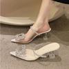 Fashion Outer Wear Thin Heel Slippers Women's Summer 2025 New Rhinestone Square Buckle High Heel Transparent Bag Head Half Tray Sandals