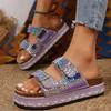 New Fashionable Thick-soled Hemp Rope Double Buckle with Rhinestones Cork Outside Wearing Beach Slippers Female Lippr