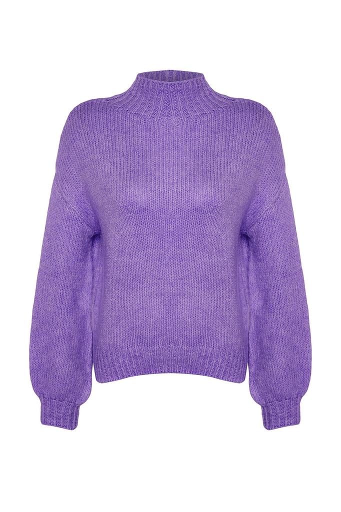 Женский модный стильный свитер фиолетовый мягкий текстурированный толстый трикотаж с круглым вырезом