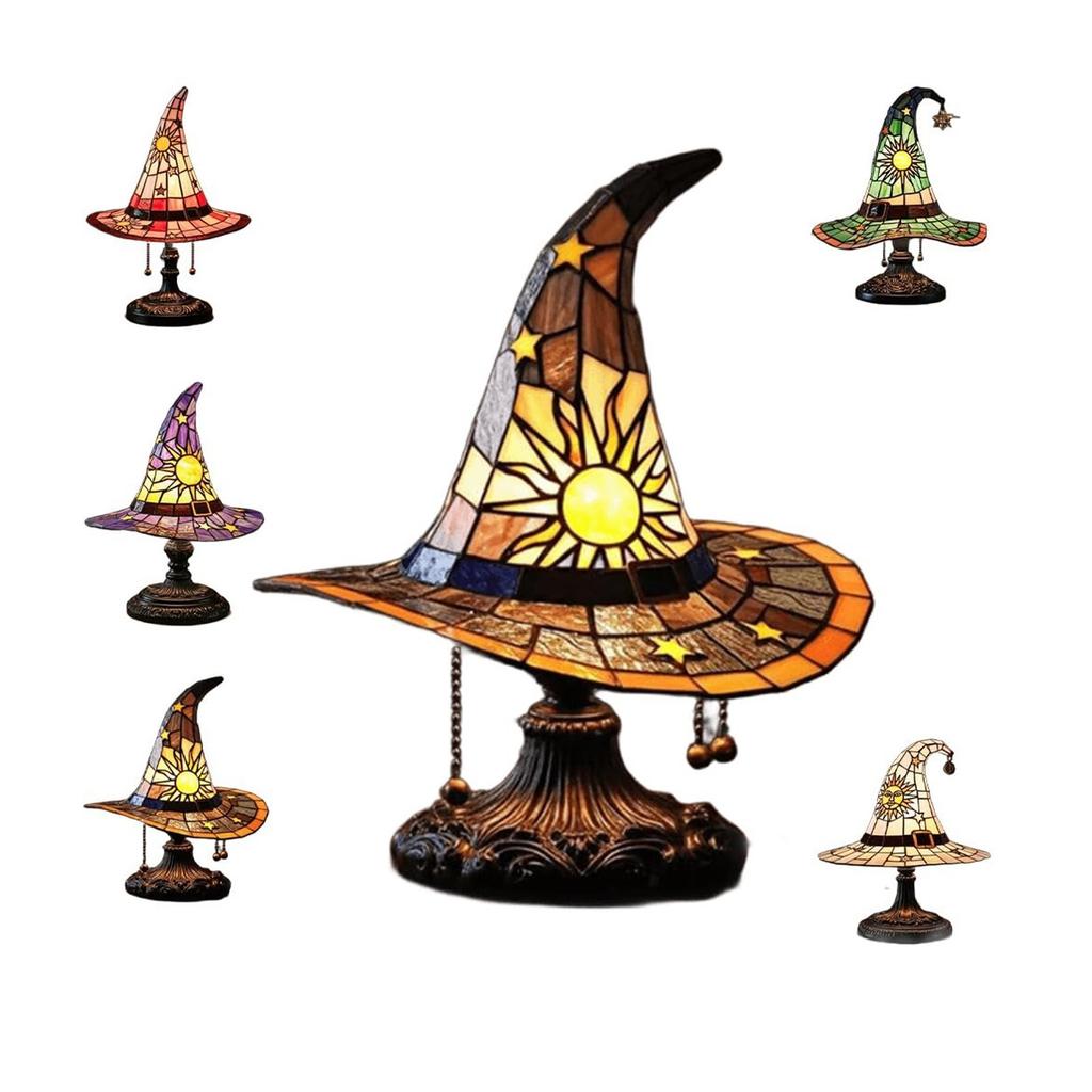 30cm Resin Tained Glass Witch Hat Lamp,Spooky Fun Handmade Hat Shape Lights,Nightstand Night Light With Mystical Charm Gifts