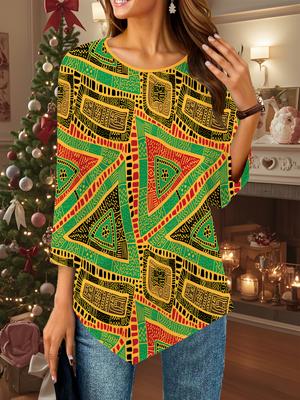 Женская свободная футболка с круглым вырезом и рукавом три четверти, 3D геометрический узор