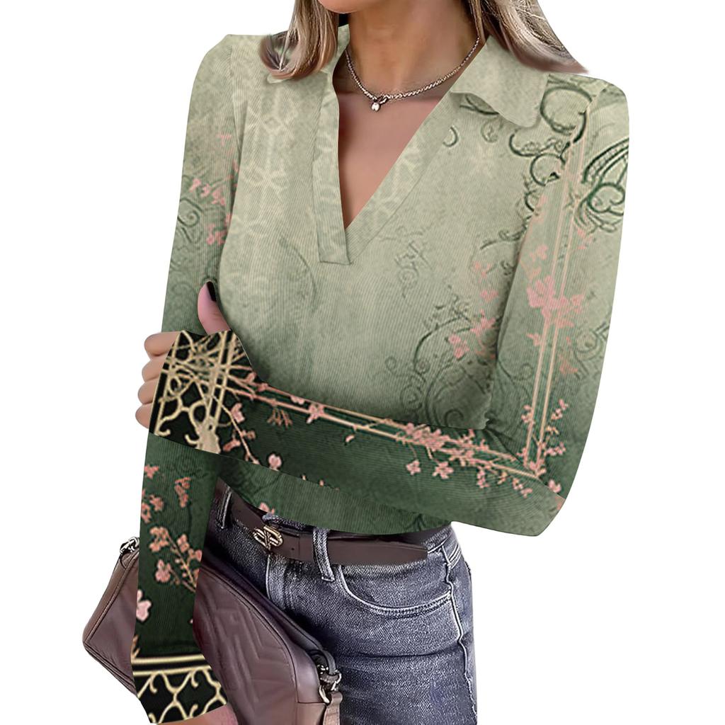 Женская Мода Повседневный Принт V-образный Вырез Длинный Рукав Застежка на Пуговицы Топ