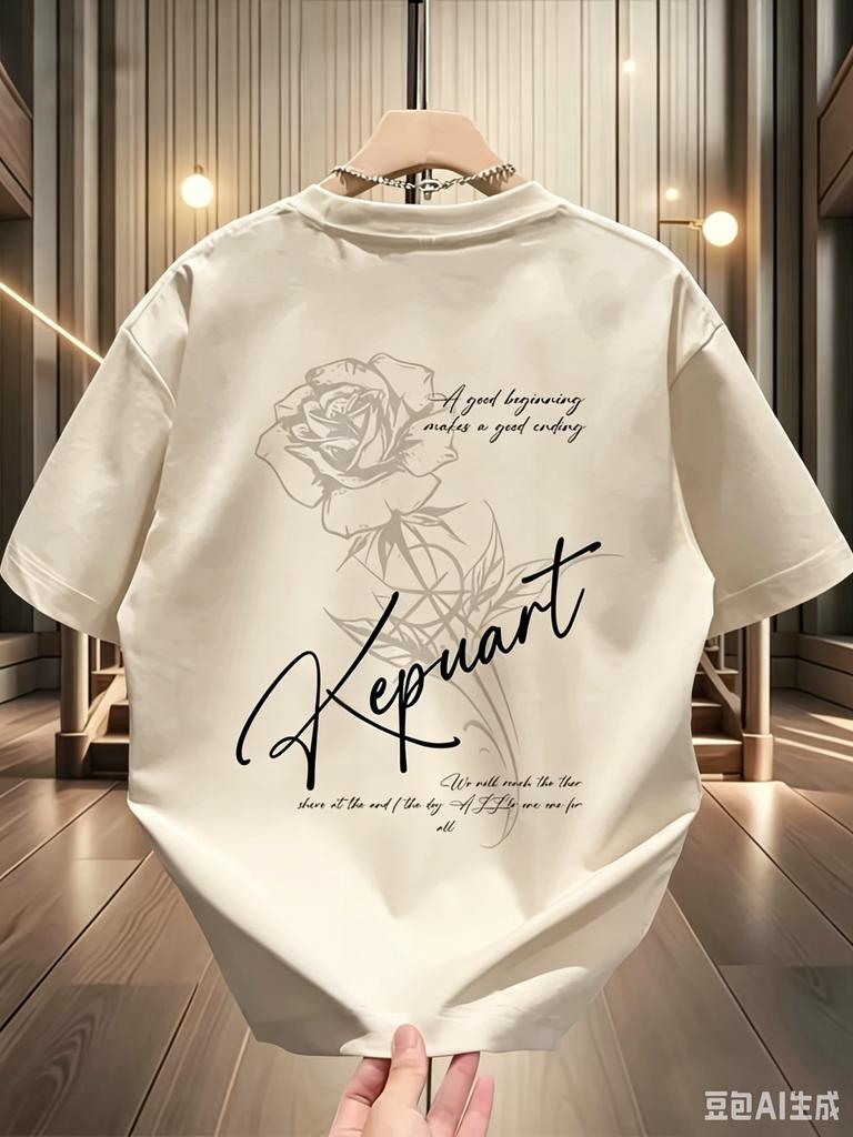 Summer This Unisexs Roundneck Shortsleeved Shirt with Gothic Roses and Lyrics Pattern Prints Is Suitable for Daily Casual Wear