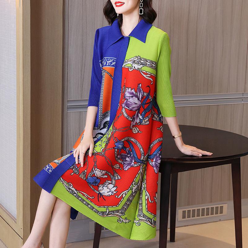 Плиссированная длинная юбка-поло, свободное платье большого размера, тонкое женское платье 2022 года, новое летнее платье с семиточечным рукавом и отложным воротником с принтом