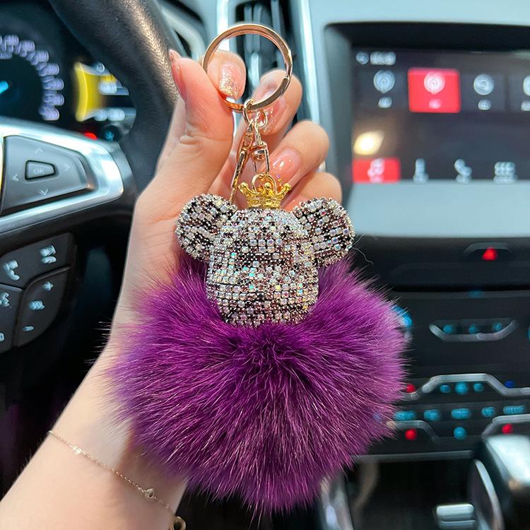 Luxurious Diamond-Studded Bear Keychain with Real Fox Fur - Stylish Accessory and Thoughtful Gift