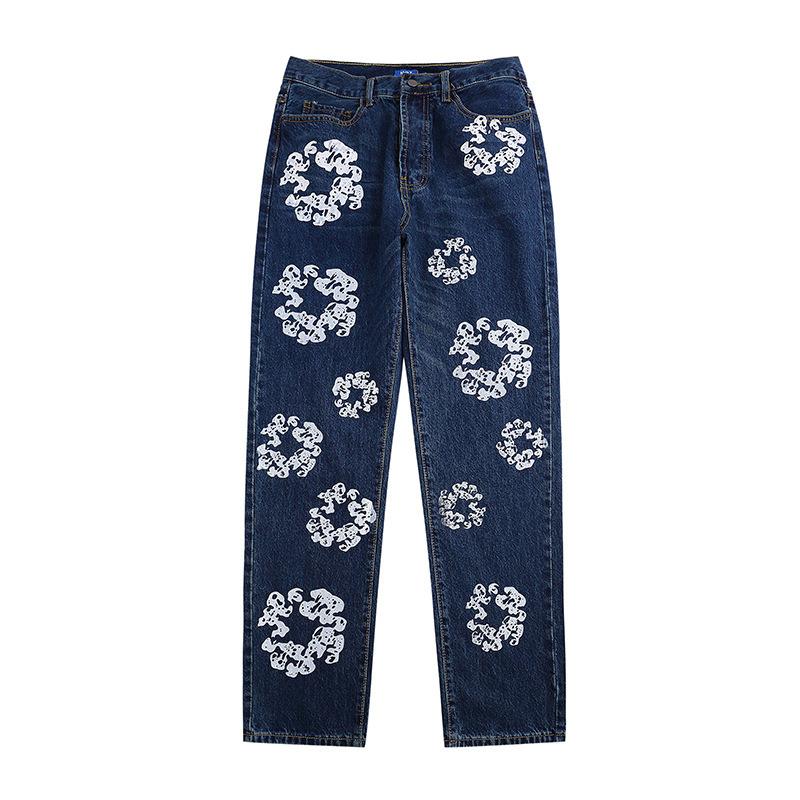 Flower Print Kanye Jeans Pants Streetwear Retro Casual Men and Women Denim Trousers
