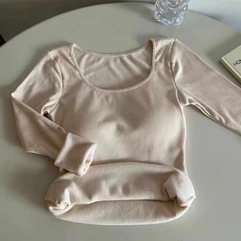 Теплая шерстяная утолщенная футболка с квадратным воротником и длинными рукавами на ключице, женская, новая осенне-зимняя, утягивающая внутри, с базовым верхом