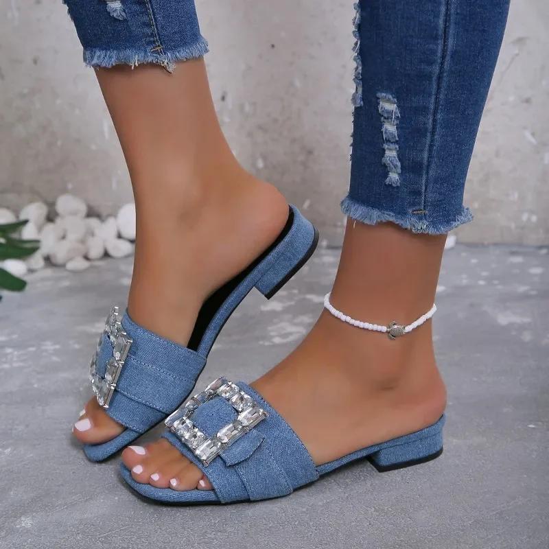 Fashion Fashionable Oversized Slippers for Women In Summer 2024, New Low Heel Square Buckle Rhinestone Minimalist Slippers for Women