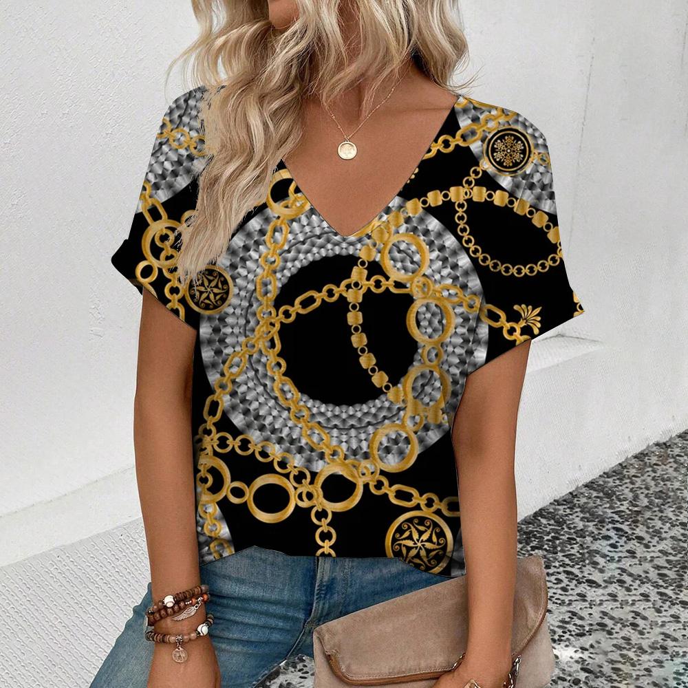 Женская футболка высокого качества с v-образным вырезом в стиле ретро, ​​футболка с золотым ожерельем и узором, модная футболка с принтом, женская футболка с короткими рукавами