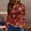 Women's Fashion Casual Slit Hem Round Neck Long Sleeve Loose Printed T-Shirt Ladies Top Christmas