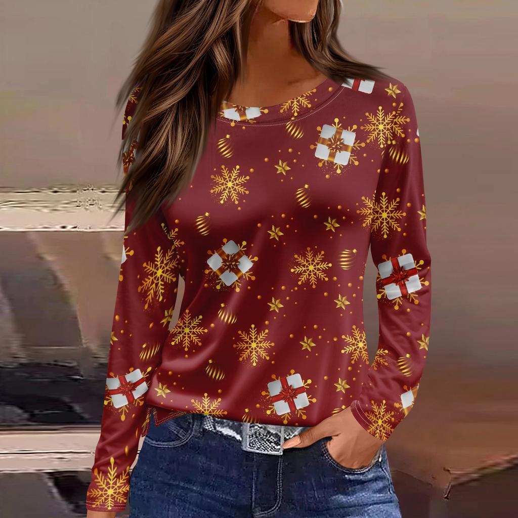 Women's Fashion Casual Slit Hem Round Neck Long Sleeve Loose Printed T-Shirt Ladies Top Christmas