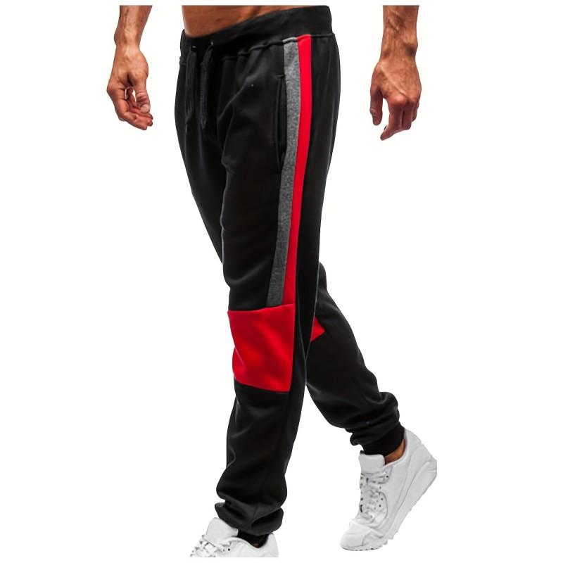 Mens Casual Jogger Pants With Color Block Design Warm Fleece-Lined Loose Fit Winter Daily Wear