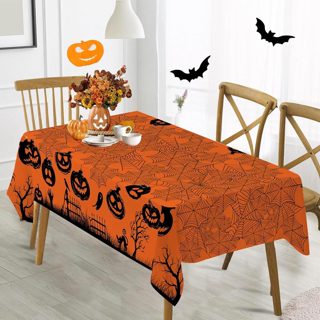 Halloween Scary Spider Web Pumpkin Rectangle Tablecloth for Table Decor Washable Kitchen Dining Tablecloth Halloween Decorations