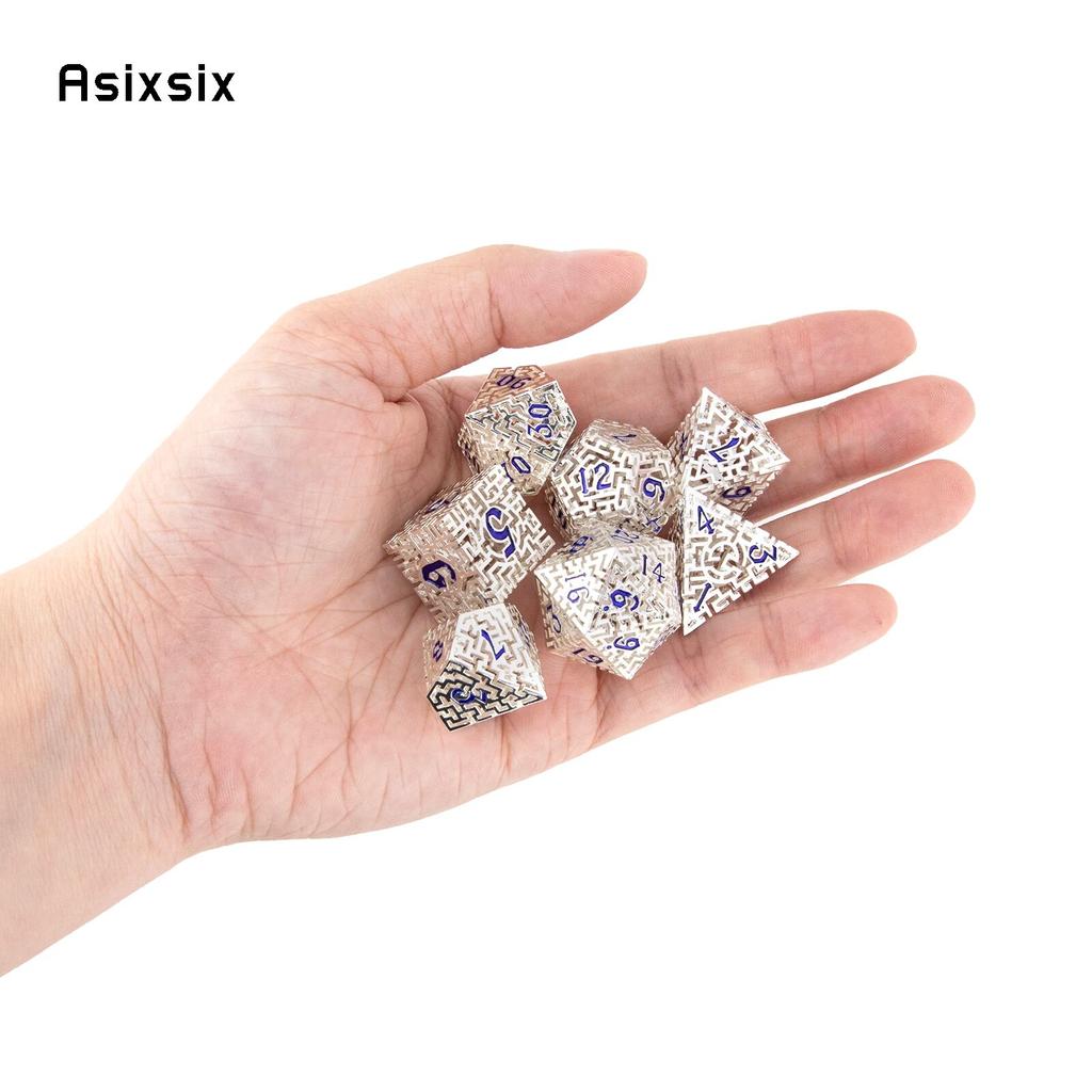 7 Pcs White Blue Metal Dice Maze Hollow Metal Polyhedral Dice Set Suitable for Role-Playing RPG Board Game Card Game