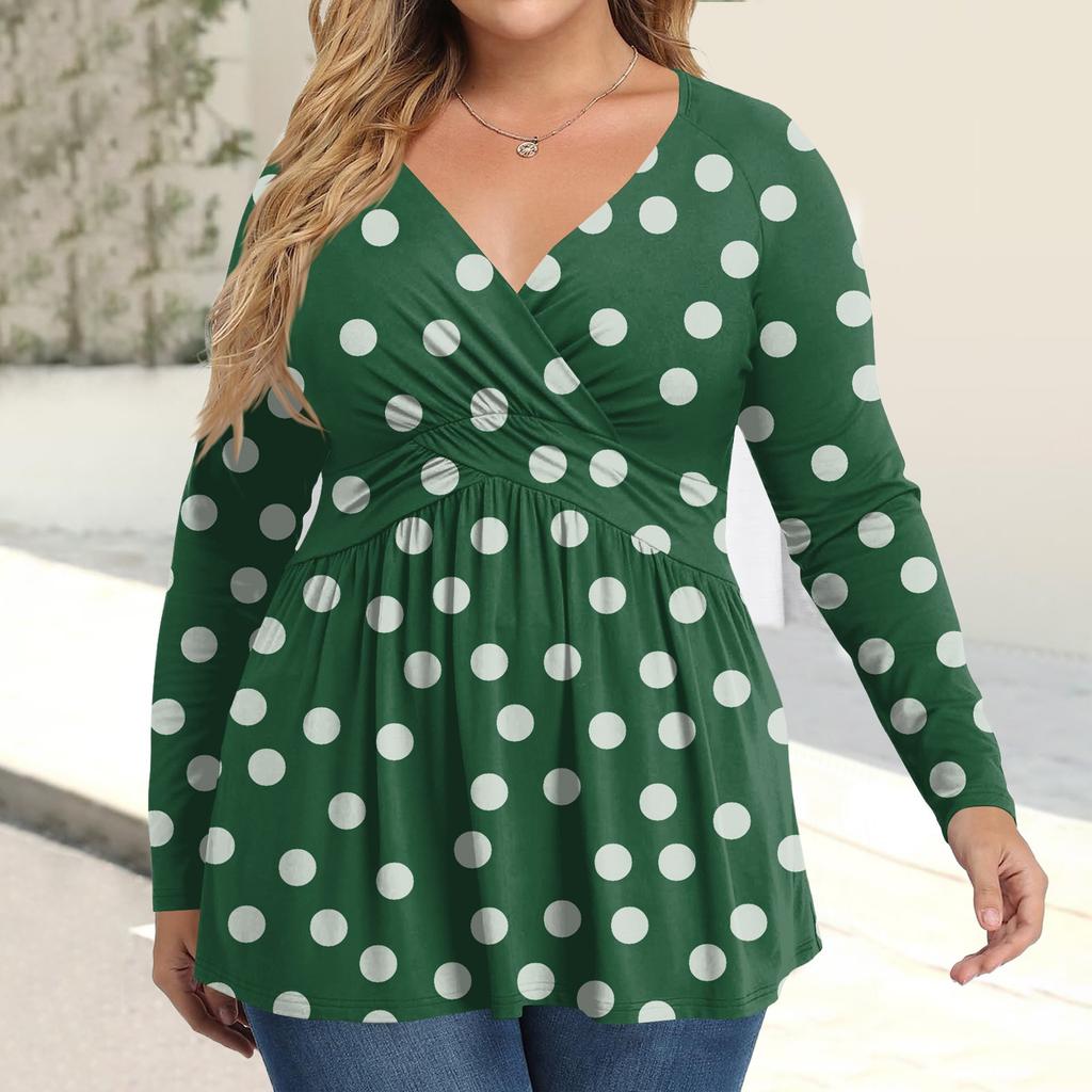 Женская рубашка большого размера с длинным рукавом, принт, плиссированный повседневный топ с V-образным вырезом