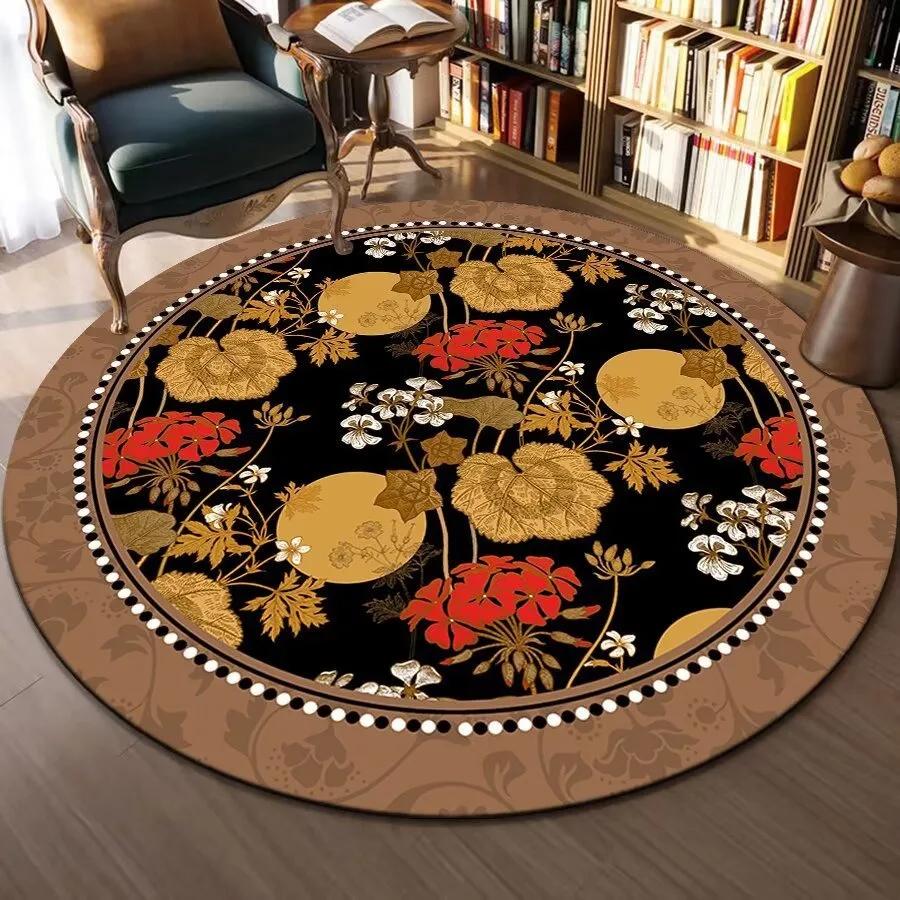 Round Area Rug With Traditional Patterns Lotus Flower Landscape Exquisite Artistic Style Soft Durable Floor Decor For Bedroom