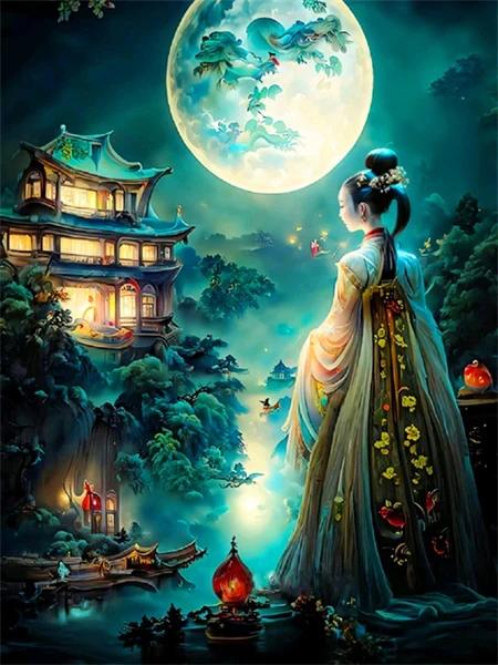 Китайская Древняя Женщина Лунный Пейзаж Постеры и Принт Абстрактная Холст Живопись Настенное Искусство Фэнтези Картины Гостиная Домашний Декор