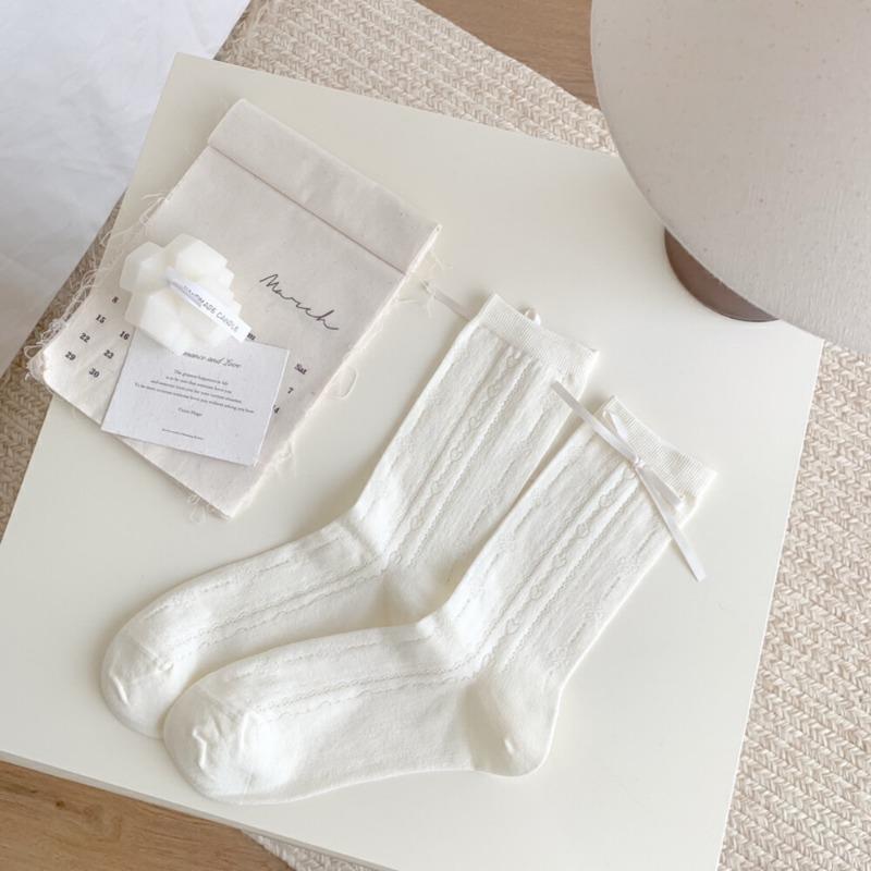 Summer Thin Hollow Mid-tube Socks with Side Bow Ribbon Ballet Style Cream Lolita JK Mesh Socks