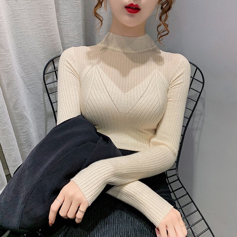 Half High Neck Mesh Hollowed Out Sweater for Women In Autumn and Winter Korean Version with Carved Lace and Knitted Base Women's Top