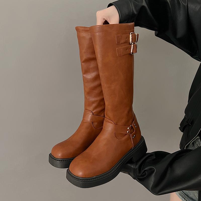 2024 Новые зимние джинсовые сапоги женские ретро коричневые с пряжкой на ремне круглые высокие сапоги длиной до колена