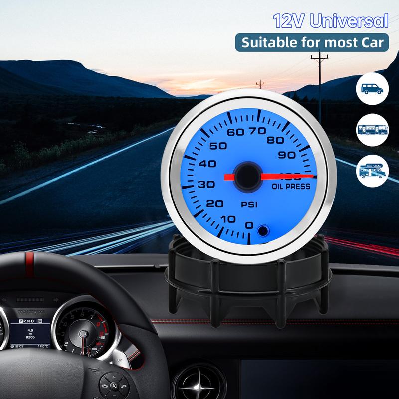 52mm Oil Pressure Gauge Boost Tachometer Voltmeter Air-Fuel Ratio Water Temp Oil Temp EGT Gauge Change 7 Colors Fit for 12V Car