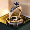 2 шт./комплект, золотистый цвет, круглый ограненный синий камень, кольцо-коготь, обручальное кольцо, ювелирные изделия на День святого Валентина