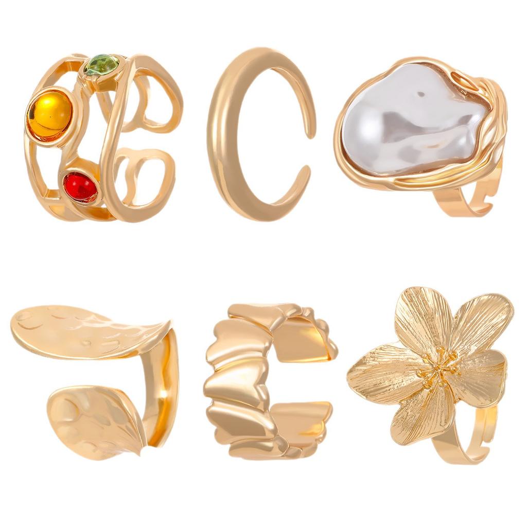 Высококачественный праздничный стиль 2026 года, преувеличенный барочный ретро набор колец, нишевые кольца с искусственным жемчугом и цветами для внешней торговли