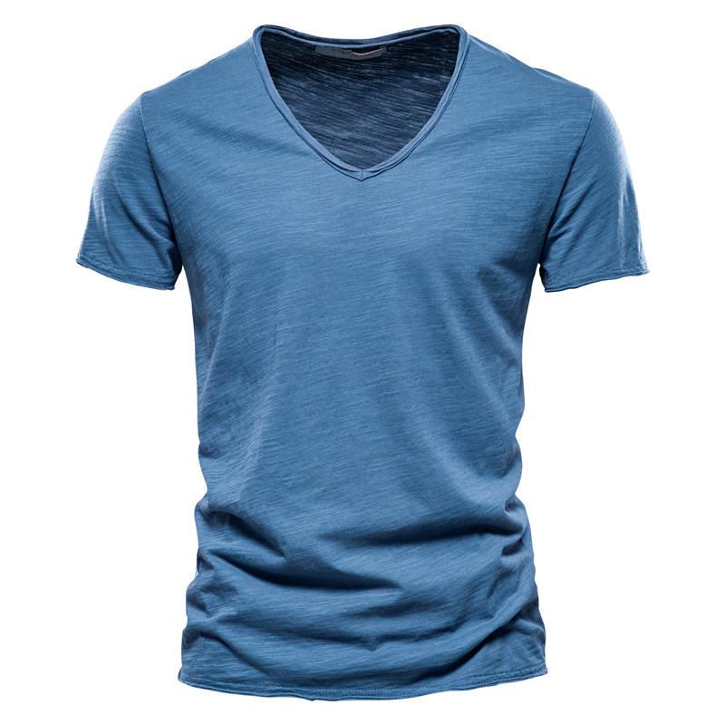 Summer Men Top Tee Solid Color Bamboo Cotton V-neck Short Sleeve T-shirt Pure Cotton Men's Clothing