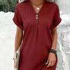 Летнее женское платье с V-образным вырезом и пуговицами с короткими рукавами Свободный однотонный пуловер Повседневная повседневная одежда Мини-платье для свиданий