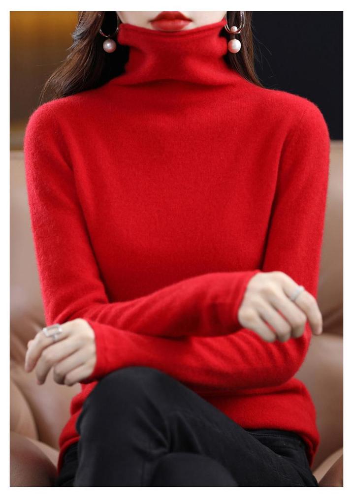 Women's 100% Wool Rolled Edge Turtleneck Sweater - Loose Fit Pullover Knit Base Layer