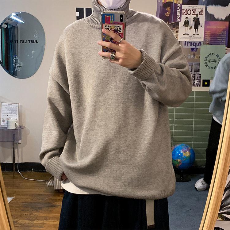 Свитер с высоким воротником, мужская осенне-зимняя теплая однотонная вязаная рубашка с подкладкой