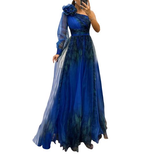 Женское вечернее платье с 3D-цветочным декором на одно плечо, плиссированное, сетчатое, банкетное платье, одно длинное