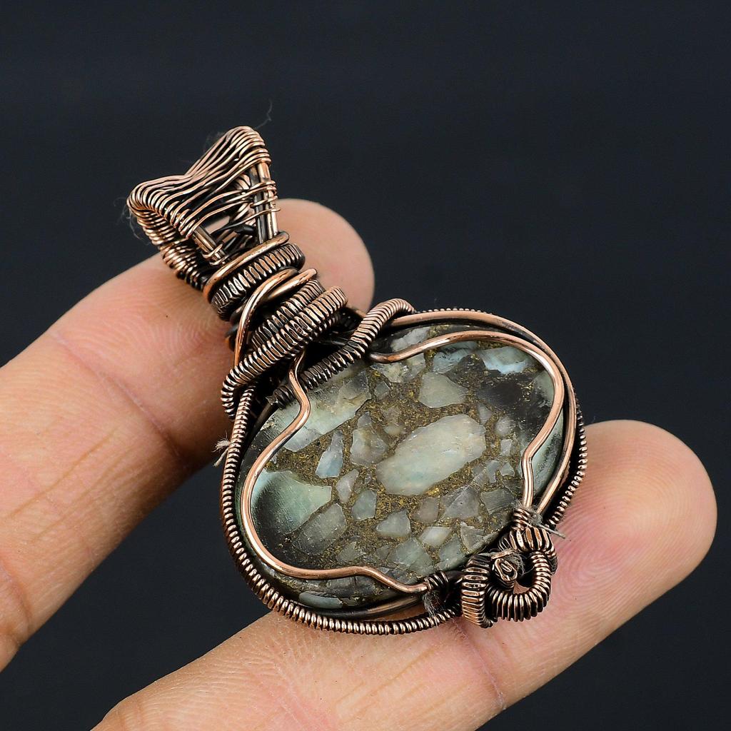 Медный кулон с ларимаром, драгоценный камень, украшения ручной работы, кулон, обернутый медной проволокой 999 пробы, ювелирный подарок для жены