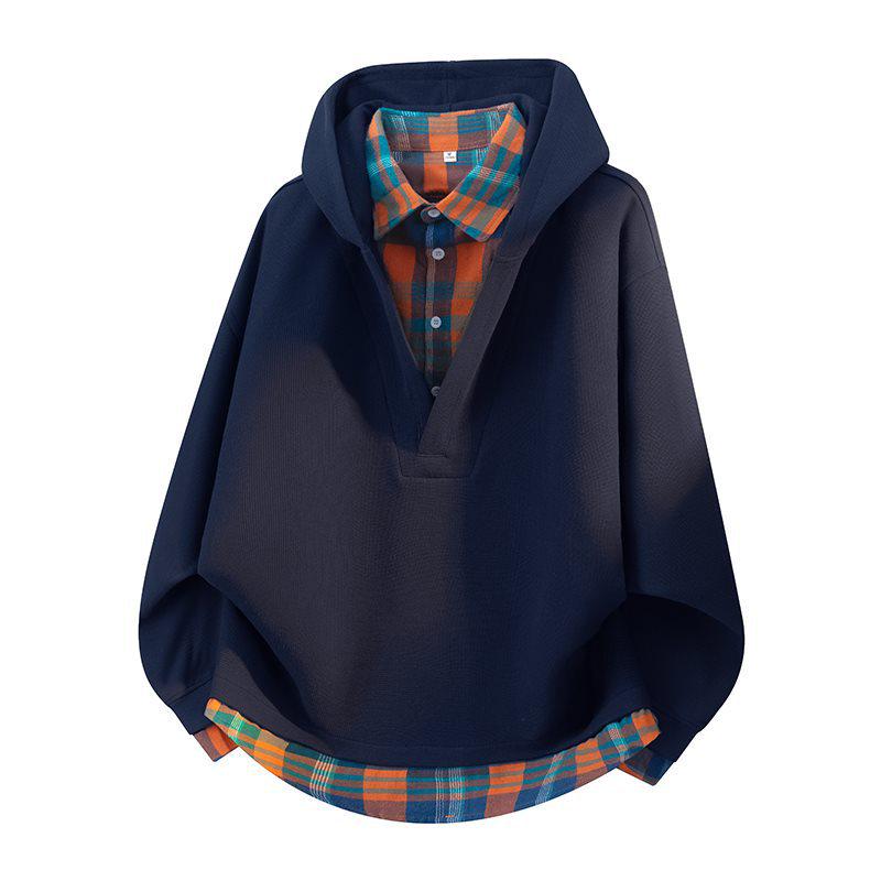 Unisex Plaid Patchwork V-Neck Hooded Sweatshirt
