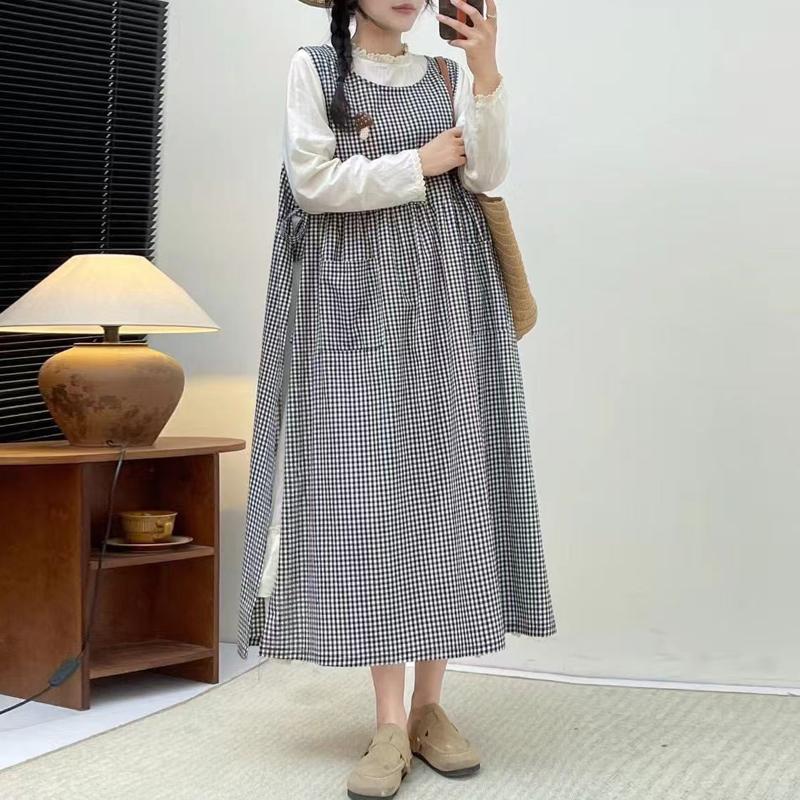 Johnature Платье в японском стиле в клетку, весеннее ретро, свободное, универсальное, многослойное, со шнуровкой и разрезом, прикрывающее женское платье