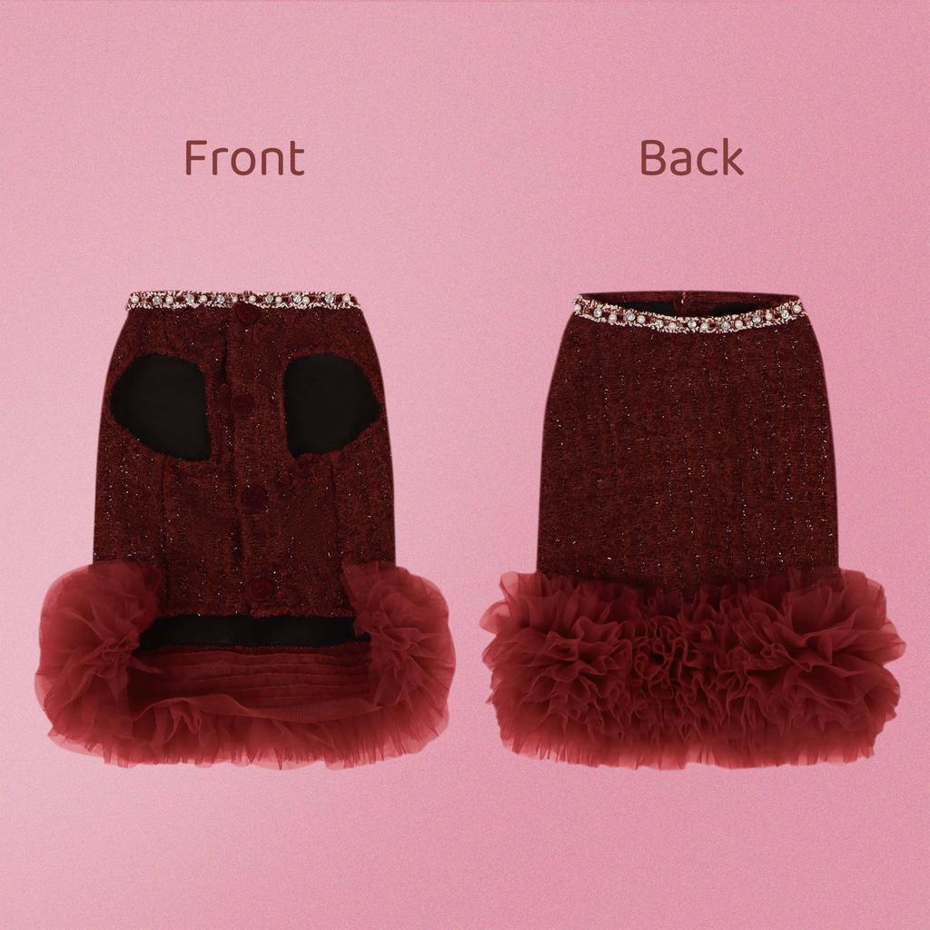 Burgundy Sequin Pet Skirt with Tulle Ruffle Hem, Rhinestone Trim Dog/Cat Party Skirt, Tulle Ruffle Pet Apparel