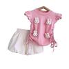 Girls' Summer Cute Rabbit Top & Skirt Set with Fly Sleeves