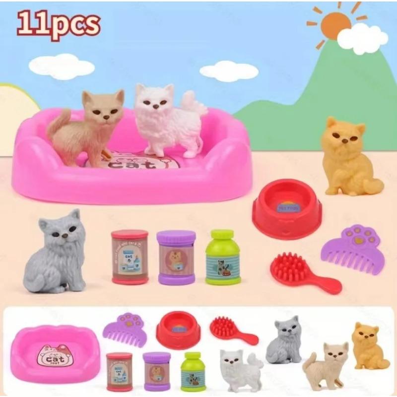 Cute Cat and Dog Pet Basket Family Toys Pretend To Play Toys Dog Doll Set Mini Animal Scene Toys Kids Player Toys