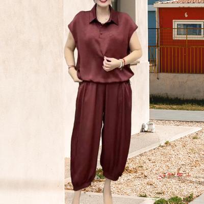 Женский свободный комплект из двух предметов: топ с V-образным вырезом и короткими рукавами, длинные брюки, летний повседневный костюм для отдыха