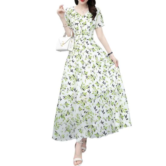 Women's Floral Print Maxi Dress Summer V Neck Short Sleeve Long Dress Casual Swing A-line Beach Sundress