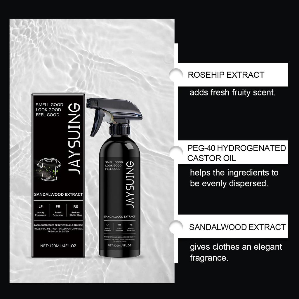 Clothing freshening spray with luxurious long-lasting fragrance removes static electricity and is convenient for on-the-go use