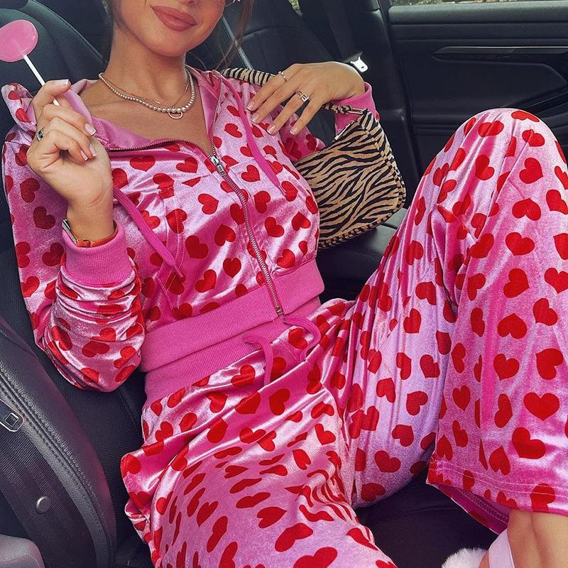 Розовые бархатные толстовки, женские куртки Kawaii с сердечным принтом, укороченные толстовки с длинными рукавами на молнии, осень