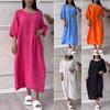 2024 Women's Cotton Linen Solid Colored Casual Button Long Dress with Round Neck
