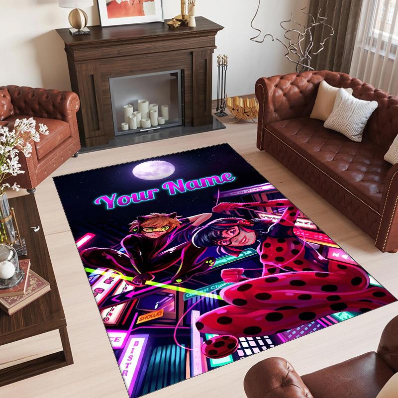 Personalized Crystal Velvet Carpet Custom Name Text,Miraculous Ladybug Anti Slip Area Rug For Home Decoration