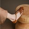Туфли женские сандалии женские для девочек бежевые новые летние удобные низкие ретро с плоским задником на ремешке квадратный каблук резина ПУ скандалы сплошной C