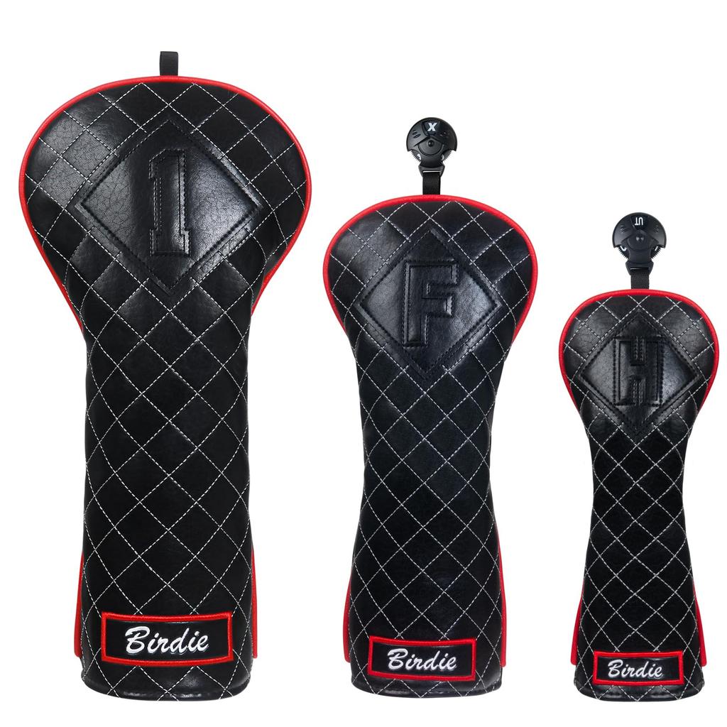 Golf Wood Cover Set of 3 (1FH) for DriverFairway WoodUtility Club Head Cover Black Synthetic Leather Birdie Embroidery