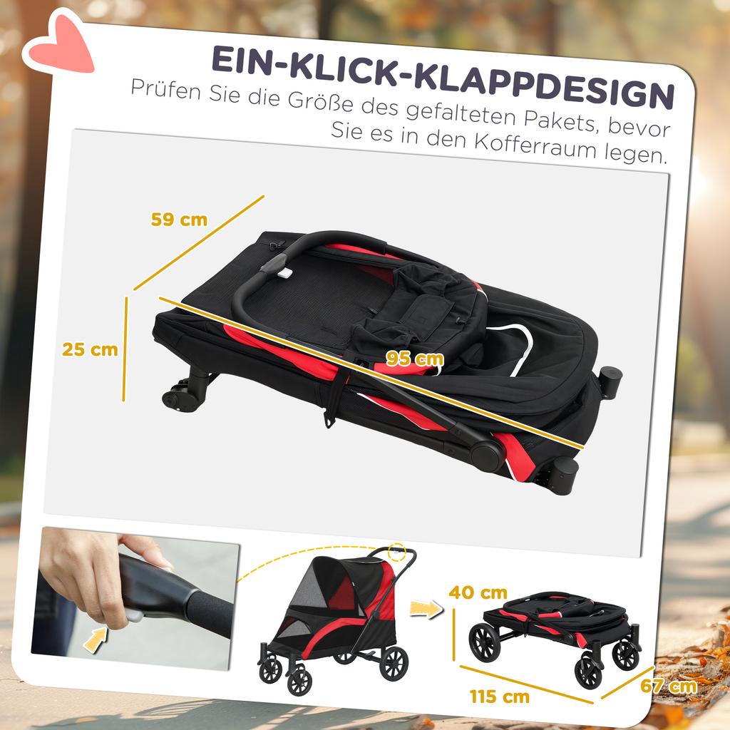 Foldable Pet Stroller for Medium Dogs with Four Big Wheels, Shock-Absorbing Frame, Safety Leashes, Brakes, Red/Black
