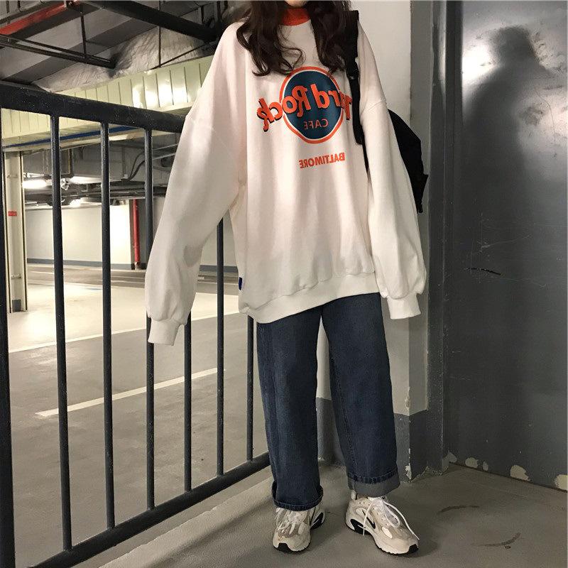 Супер Горячий Свитшот с Круглым Вырезом для Женщин Осень Новое Тонкое Пальто Корейский Стиль Тренд Харадзюку BF Студенческий Свободный Топ